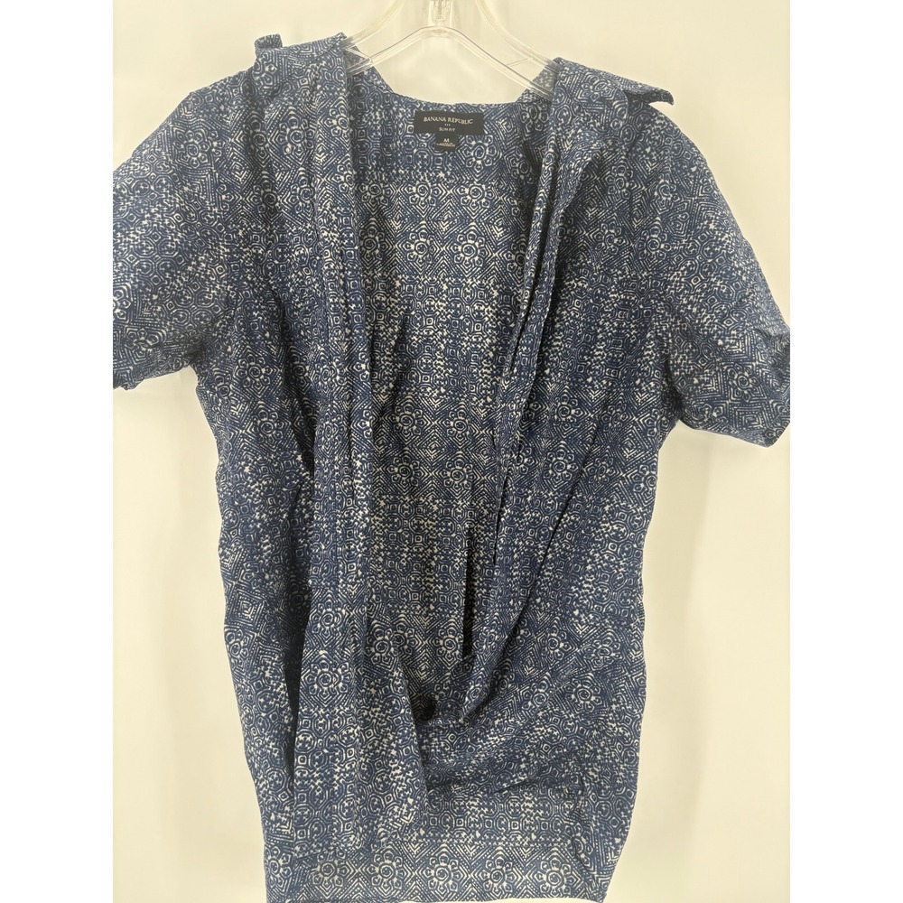 Banana Republic Slim Fit Mens Short Sleeve Button Shirt Blue Geometric Size M‎